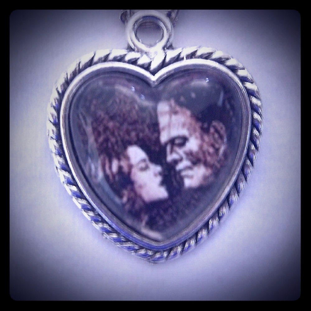 Frankenstein & Bride in Love Heart Pendant